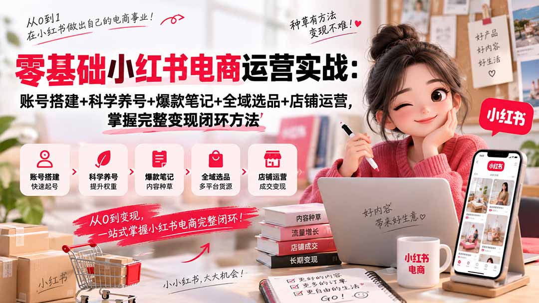 零基础小红书电商运营实战:账号搭建+科学养号+爆款笔记+全域选品+店铺运营,掌握完整变现闭环方法-旺仔资源库