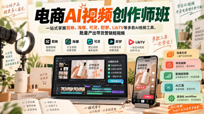 电商AI视频创作师班,一站式掌握剪映、海螺、可灵、即梦、LibTV等多款AI视频工具,批量产出带货营销短视频-旺仔资源库