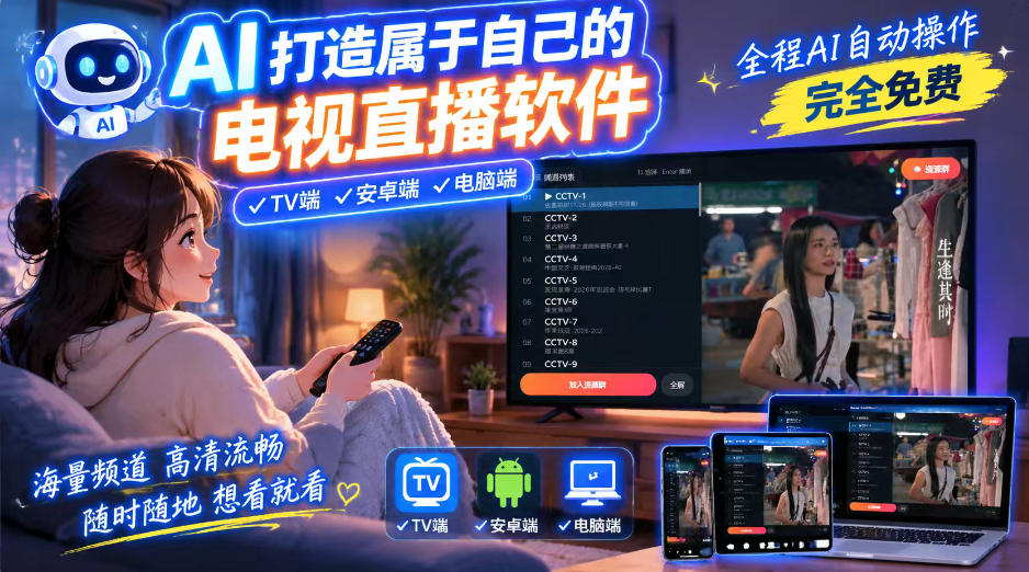 一个提示词，AI全自动做出电视直播软件，电脑、安卓、电视三端通用，完全免费，画质流畅不卡顿-旺仔资源库