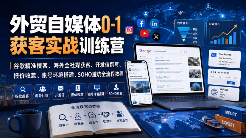 外贸自媒体0-1获客实战训练营｜谷歌精准搜客、海外全社媒获客、开发信撰写、报价收款、账号环境搭建、SOHO避坑全流程教程(更新)-旺仔资源库