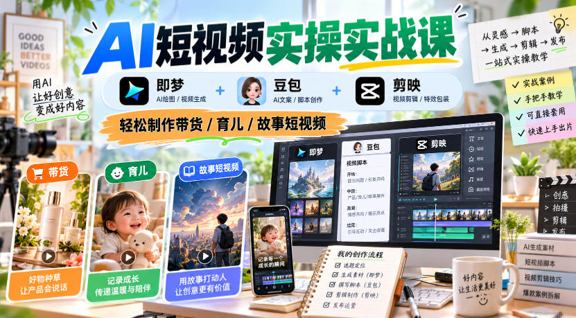 AI短视频实操实战课,即梦+豆包+剪映,轻松制作带货/育儿/故事短视频-旺仔资源库