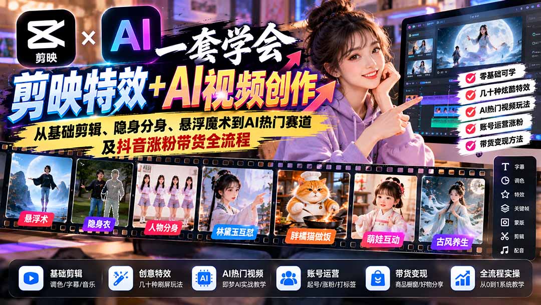 一套学会剪映特效+AI视频创作:从基础剪辑、隐身分身、悬浮魔术到AI热门赛道及抖音涨粉带货全流程-旺仔资源库