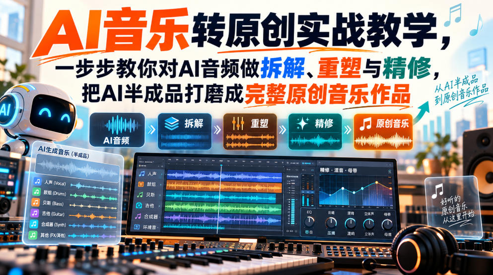 AI音乐转原创实战教学，一步步教你对AI音频做拆解、重塑与精修，把AI半成品打磨成完整原创音乐作品-旺仔资源库