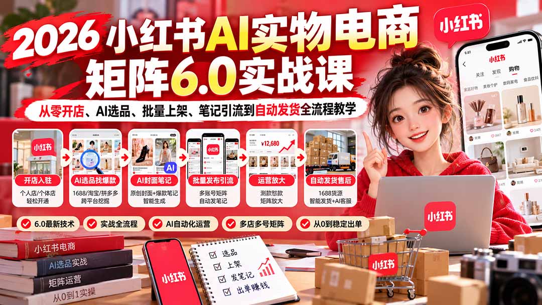 2026小红书AI实物电商矩阵6.0实战课：从零开店、AI选品、批量上架、笔记引流到自动发货全流程教学-旺仔资源库