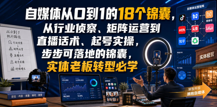 自媒体从0到1的18个锦囊，从行业侦察、矩阵运营到直播话术、起号实操，步步可落地的锦囊，实体老板转型必学-旺仔资源库
