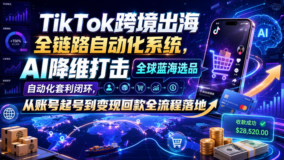 TikTok跨境出海全链路自动化系统,AI降维打击全球蓝海选品自动化套利闭环,从账号起号到变现回款全流程落地(2026年7月)-旺仔资源库