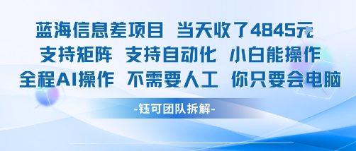 蓝海信息差项目当天收米1k+ 支持矩阵支持自动化小白能操作全程AI操作不需要人工你只要会电脑-旺仔资源库