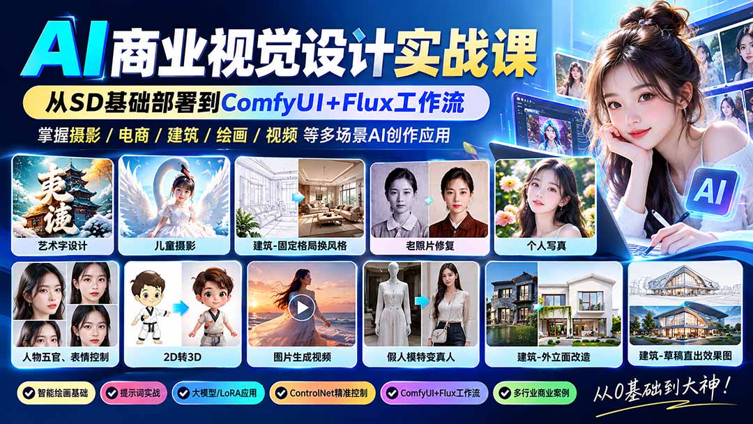 【无水印】AI商业视觉设计实战课:从SD基础部署到ComfyUI+Flux工作流,掌握摄影电商建筑AI创作-旺仔资源库