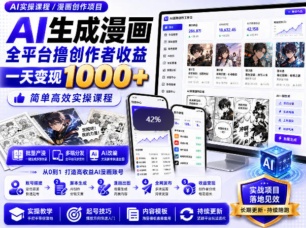 AI生成漫画全平台撸创作者收益内部课程，实操最高单日变现1k+-旺仔资源库