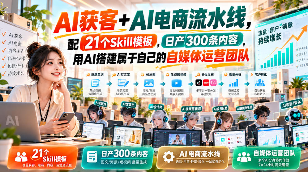AI获客+AI电商流水线，配21个Skill模板，日产300条内容，用AI搭建属于自己的自媒体运营团队-旺仔资源库