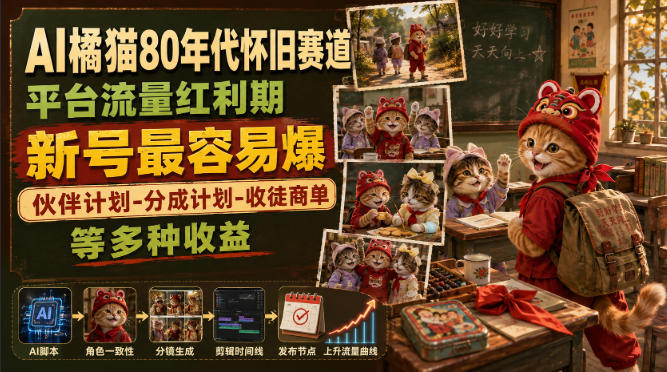 AI橘猫80年代怀旧赛道，平台流量红利期，新号最容易爆，伙伴计划-分成计划-收徒商单等多种收益-旺仔资源库