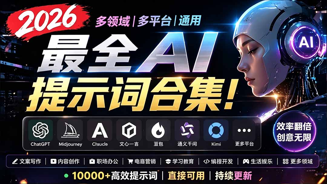 2026最全AI提示词合集!多领域多平台通用,涵盖AI绘画、电商主图、爆款文案,脚本创作等-旺仔资源库