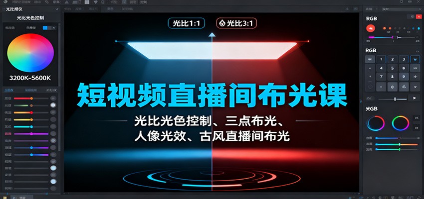 短视频直播间布光课:光比光色控制、三点布光、人像光效、古风直播间布光-旺仔资源库