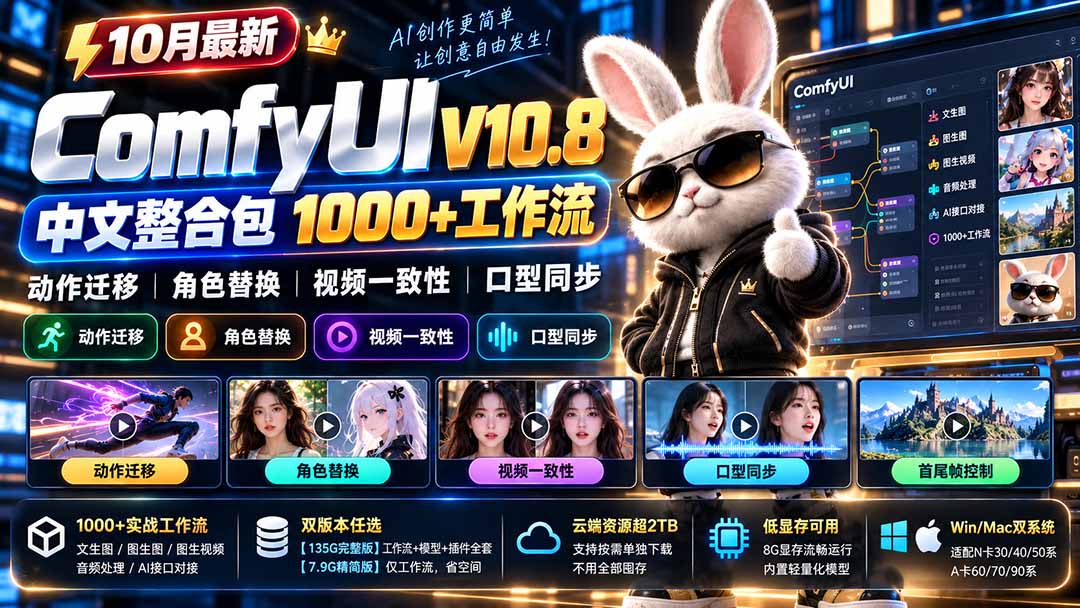 10月最新ComfyUI V10.8中文整合包 1000+工作流 动作迁移 角色替换 视频一致性 口型同步 低显存可用-旺仔资源库