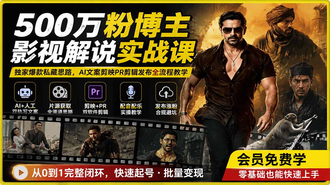 500万粉博主影视解说实战课|独家爆款私藏思路,AI文案剪映PR剪辑发布全流程教学-旺仔资源库