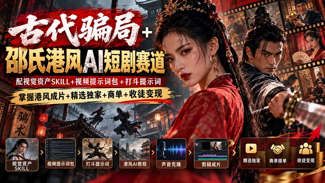 古代骗局+邵氏港风AI短剧赛道:配视觉资产SKILL+视频提示词包+打斗提示词,掌握港风成片+精选独家+商单+收徒变现-旺仔资源库