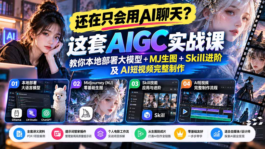 【无水印】还在只会用AI聊天？这套AIGC实战课教你本地部署大模型+MJ生图+Skill进阶及AI短视频完整制作-旺仔资源库
