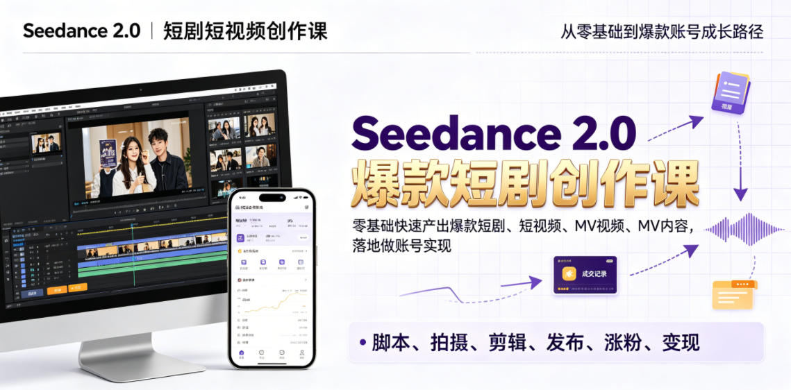 Seedance 2.0短剧短视频创作课,零基础快速产出爆款短剧、短视频、MV内容,落地做账号实现变现-旺仔资源库