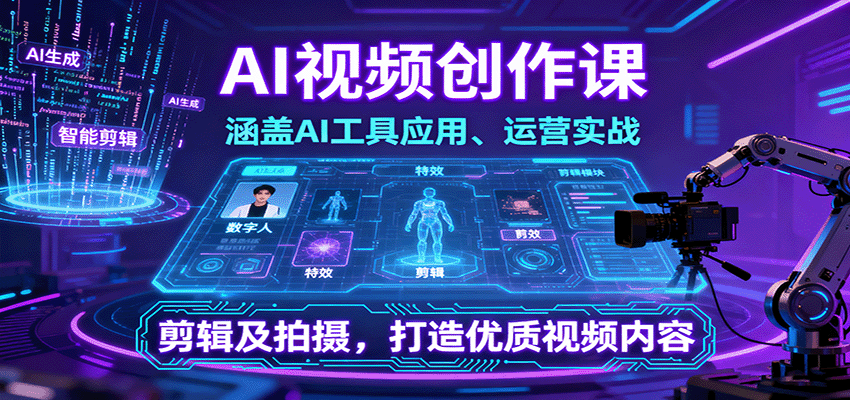 AI视频创作课，涵盖AI工具应用、运营实战、剪辑及拍摄，打造优质视频内容-旺仔资源库