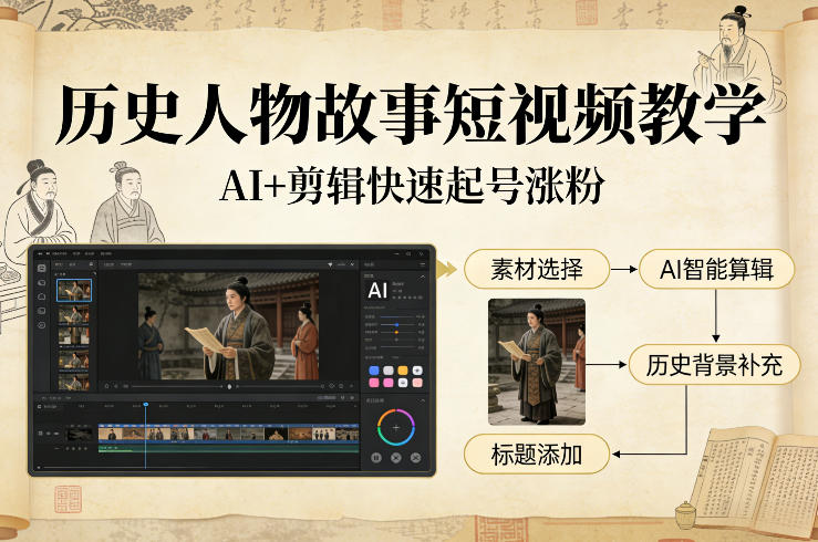 历史人物故事短视频教学，AI+剪辑制作历史人物题材短视频，快速起号涨粉-旺仔资源库