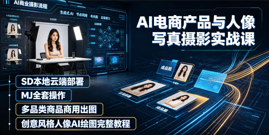 AI电商产品与人像写真摄影实战课|SD本地云端部署、MJ全套操作、多品类商品商用出图、创意风格人像AI绘图完整教程-旺仔资源库