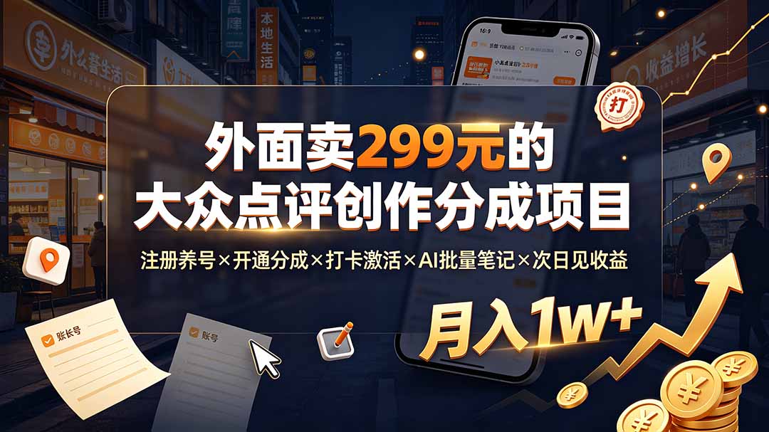 外面卖299元的大众点评创作分成项目：注册养号×开通分成×打卡激活×AI批量笔记×次日见收益，月入1w+-旺仔资源库