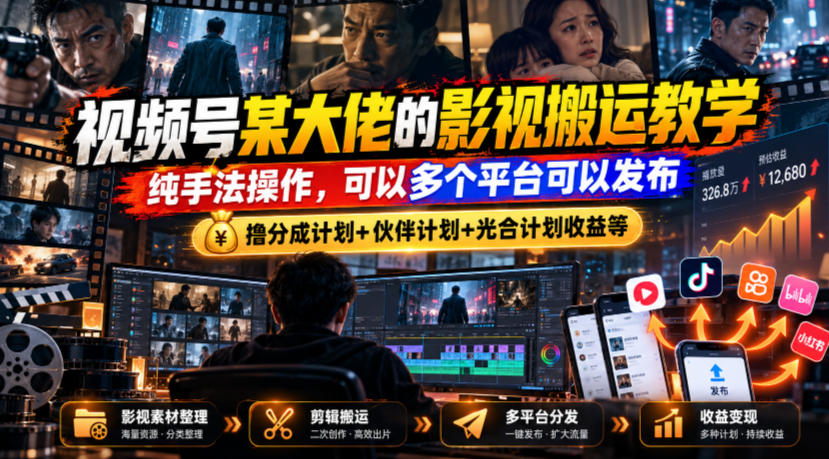 视频号某大佬的影视搬运教学，纯手法操作，可以多个平台可以发布，撸分成计划+伙伴计划+光合计划收益等-旺仔资源库