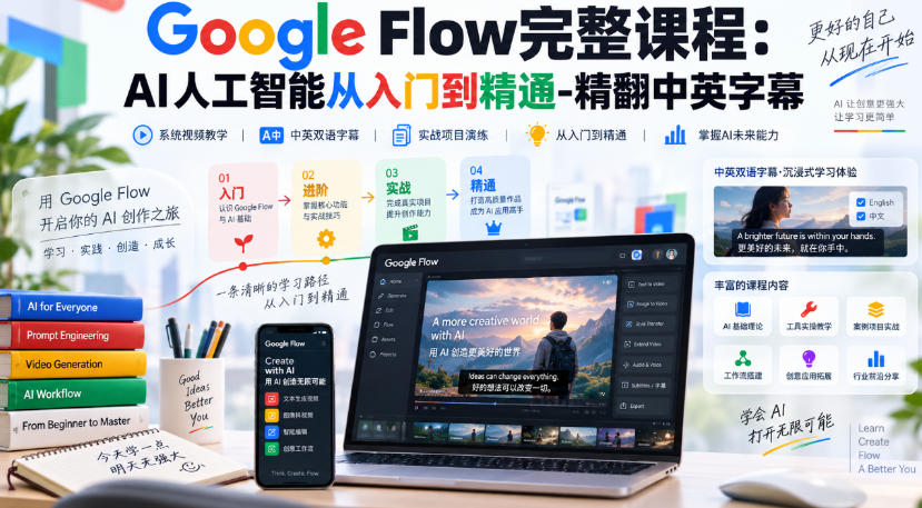 【无水印】Google Flow完整课程：AI人工智能从入门到精通-精翻中英字幕-旺仔资源库