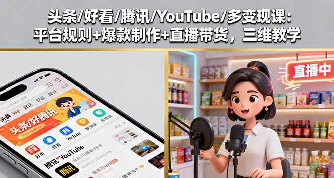 头条/好看/腾讯/YouTube/多变现课：平台规则+爆款制作+直播带货，三维教学-旺仔资源库