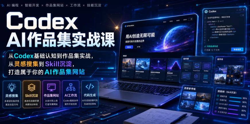 Codex AI作品集实战课,从Codex基础认知到作品集实战,从灵感搜集到Skill沉淀,打造属于你的AI作品集网站-旺仔资源库