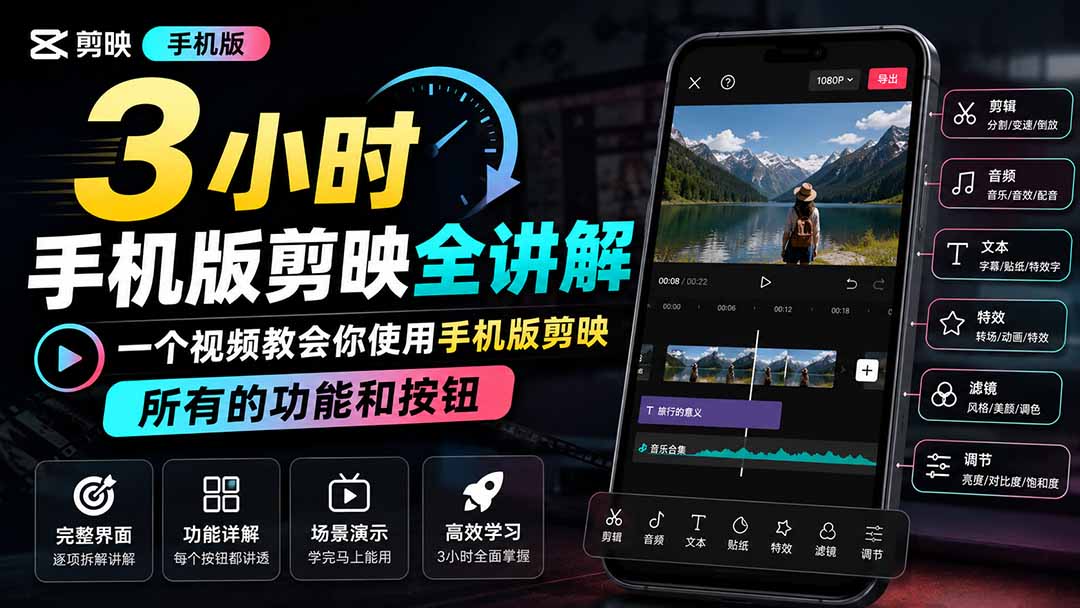 3小时手机版剪映全讲解,一个视频教会你使用手机版剪映,所有的功能和按钮-旺仔资源库