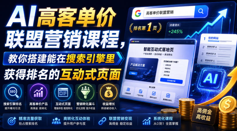 AI高客单价联盟营销课程,教你搭建能在搜索引擎里获得排名的互动式页面,引来流量,把访客转化为高佣金的成交【原创双语字幕】-旺仔资源库