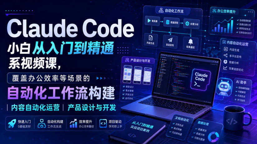 Claude Code小白从入门到精通系视频课,覆盖办公效率等场景的自动化工作流构建|内容自动化运营|产品设计与开发-旺仔资源库