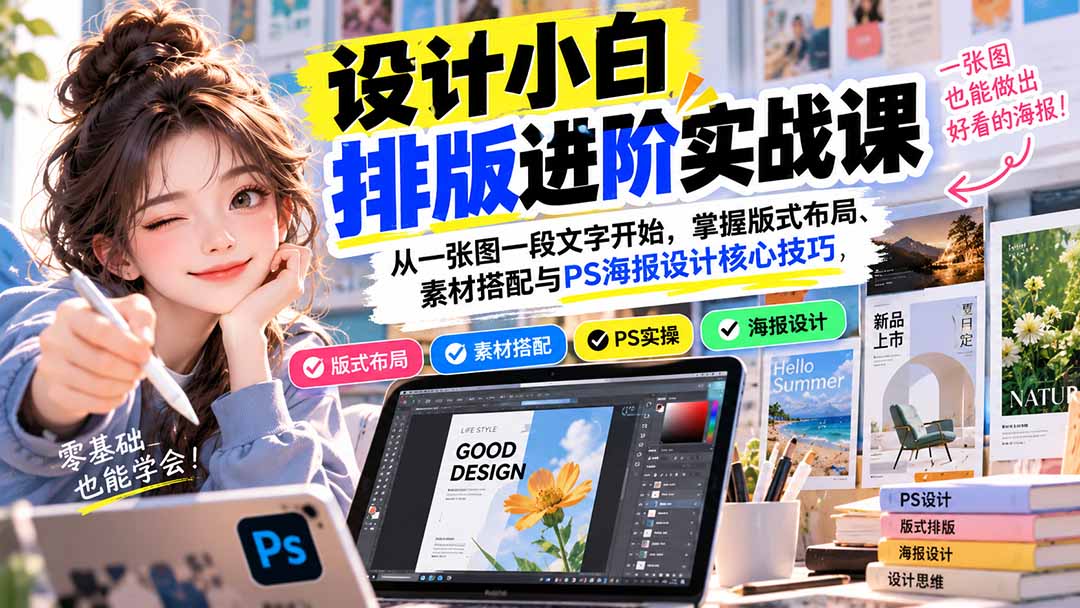 设计小白排版进阶实战课:从一张图一段文字开始,掌握版式布局、素材搭配与PS海报设计核心技巧-旺仔资源库