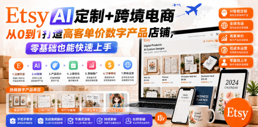 Etsy AI定制+跨境电商,从0到1打造高客单价数字产品店铺,零基础也能快速上手-旺仔资源库
