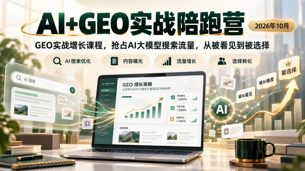 AI+GEO实战陪跑营2026年10月,GEO实战增长课程,抢占AI大模型搜索流量,从被看见到被选择-旺仔资源库