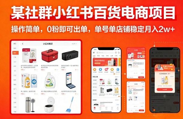 某社群小红书百货电商项目,操作简单,0粉即可出单,单号单店铺稳定月入2w+-旺仔资源库