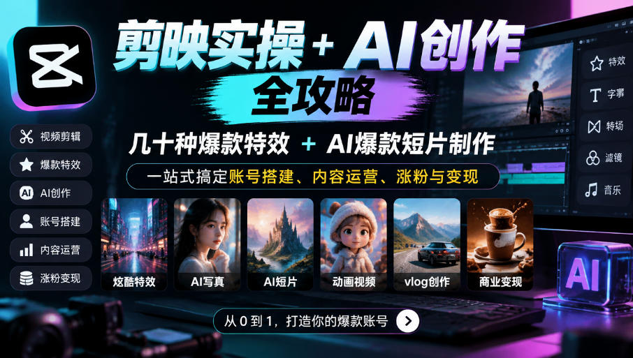 剪映实操+AI创作全攻略|几十种爆款特效+AI爆款短片制作,一站式搞定账号搭建、内容运营、涨粉与变现-旺仔资源库