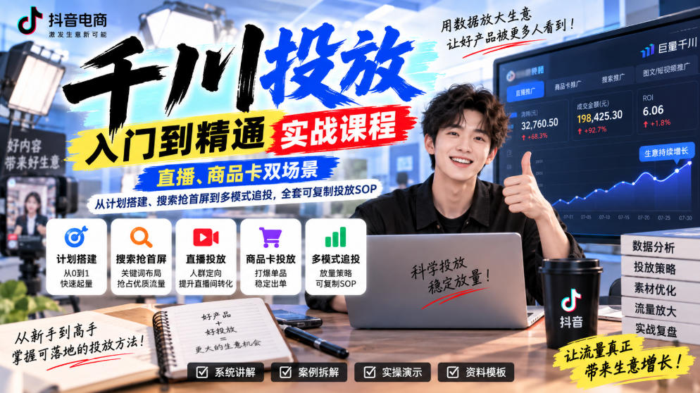 千川投放入门到精通实战课程,直播、商品卡双场景,从计划搭建、搜索抢首屏到多模式追投,全套可复制投放SOP-旺仔资源库