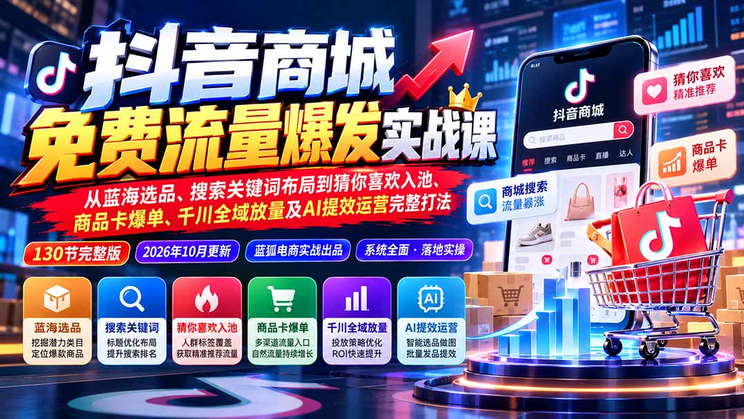 抖音商城免费流量爆发实战：从蓝海选品、搜索关键词布局到猜你喜欢入池、商品卡爆单、千川全域放量及AI提效完整打法-旺仔资源库