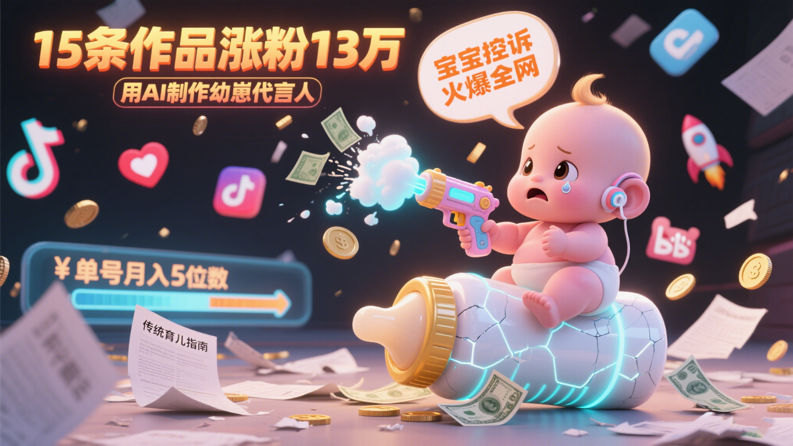 用AI制作幼崽代言人，宝宝的控诉火爆全网，15条作品涨粉13万，单号月入5位数实操教程-旺仔资源库
