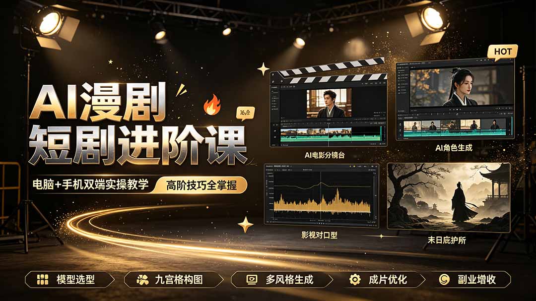 AI漫剧短剧进阶课｜电脑+手机双端实操教学｜影视剧对口型人物吃瓜×解压末日庇护所全程讲解，高阶技巧全掌握-旺仔资源库