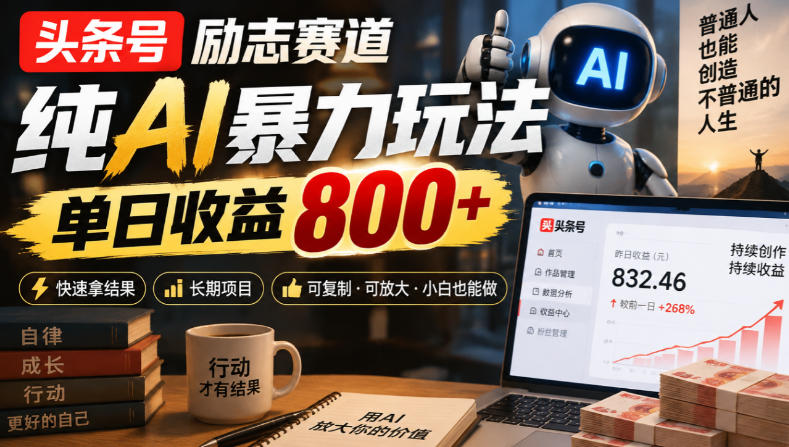 头条号励志赛道,纯AI暴力玩法,单日收益800+,快速拿结果,长期项目-旺仔资源库