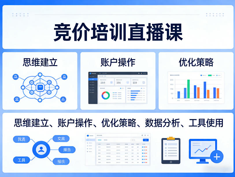 竞价培训直播课，覆盖思维建立、账户操作、优化策略、数据分析、工具使用等，全方位提升效果-旺仔资源库