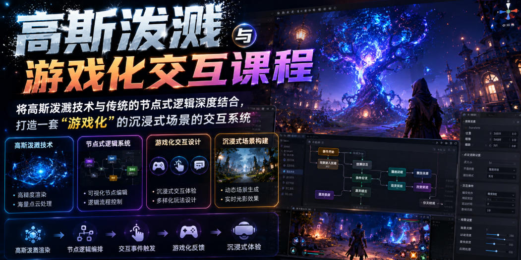 高斯泼溅与游戏化交互课程，将高斯泼溅技术与传统的节点式逻辑深度结合，打造一套“游戏化”的沉浸式场景的交互系统-旺仔资源库