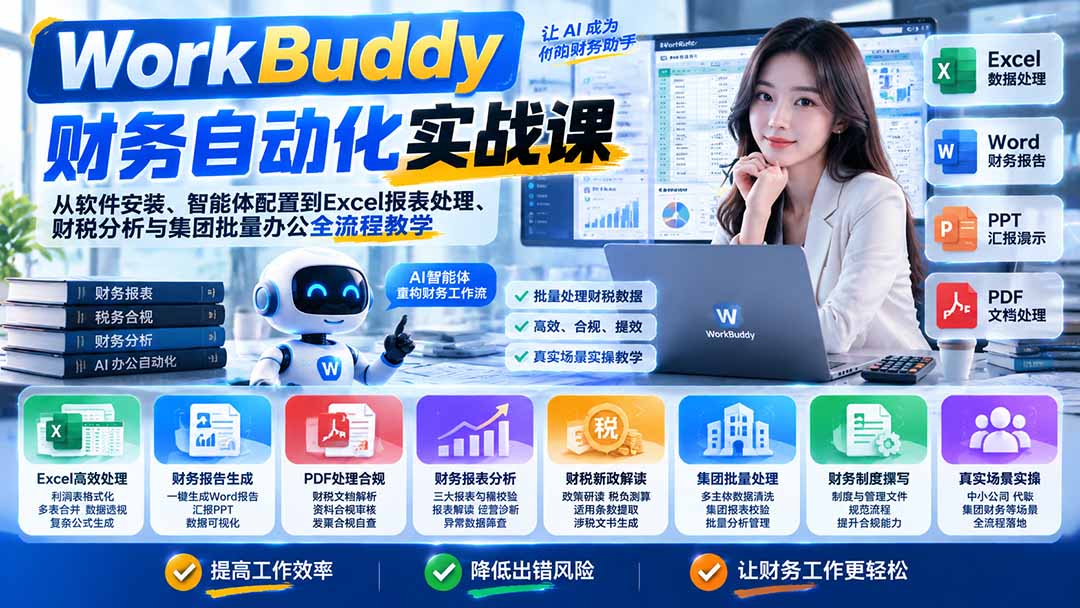 WorkBuddy财务自动化实战课：从软件安装、智能体配置到Excel报表处理、财税分析与集团批量办公全流程教学-旺仔资源库