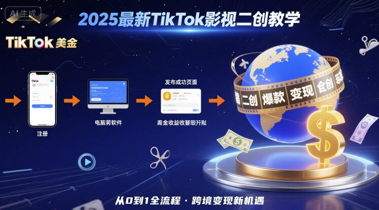 2025年最新TikTok影视二创教学，从注册到发布撸美金全流程，跨境变现新机遇-旺仔资源库