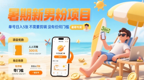 暑期新男粉项目 单号日入5张 不需要剪辑  没有任何门槛-旺仔资源库