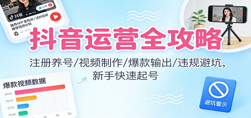抖音运营全攻略:注册养号/视频制作/爆款输出/违规避坑,新手快速起号-旺仔资源库