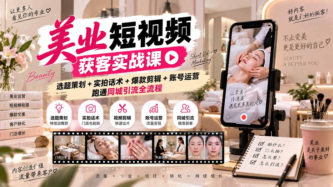 美业短视频获客实战课-无水印：选题策划+实拍话术+爆款剪辑+账号运营，跑通同城引流全流程-旺仔资源库